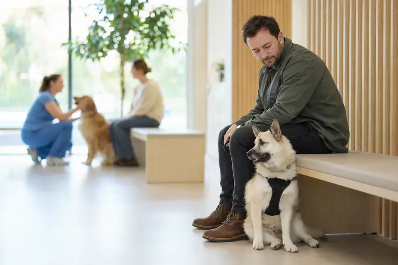 Norwegischer Buhund sitzt ruhig neben seinem Besitzer im hellen Wartezimmer einer modernen Tierarztpraxis.